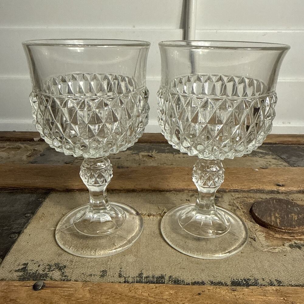Vintage Indiana Glass Diamond Point Clear Water Goblets 5.25” Tall - Pair of 2